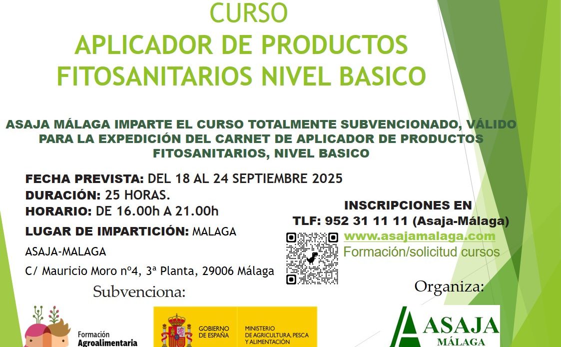 ASAJA Málaga impartirá en Málaga un curso de Aplicador de Productos Fitosanitarios nivel básico