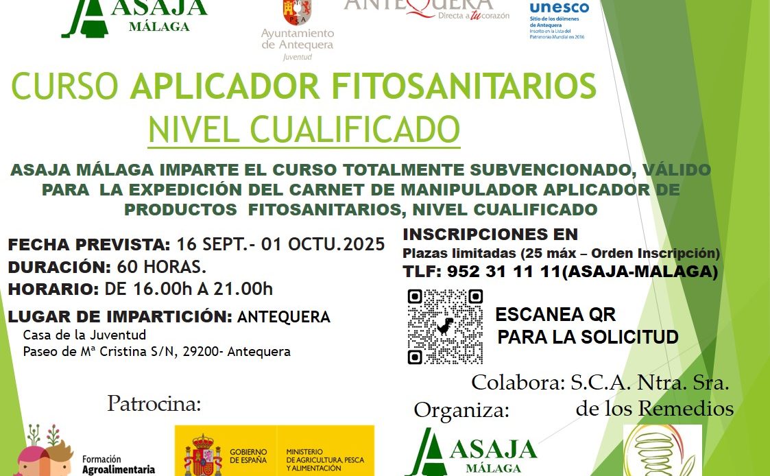 ASAJA Málaga impartirá en Antequera un curso de Aplicador de Productos Fitosanitarios nivel cualificado